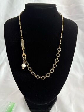 Vintage Jan Michaels Brass Beaded Chain Necklace with Pearl Charm